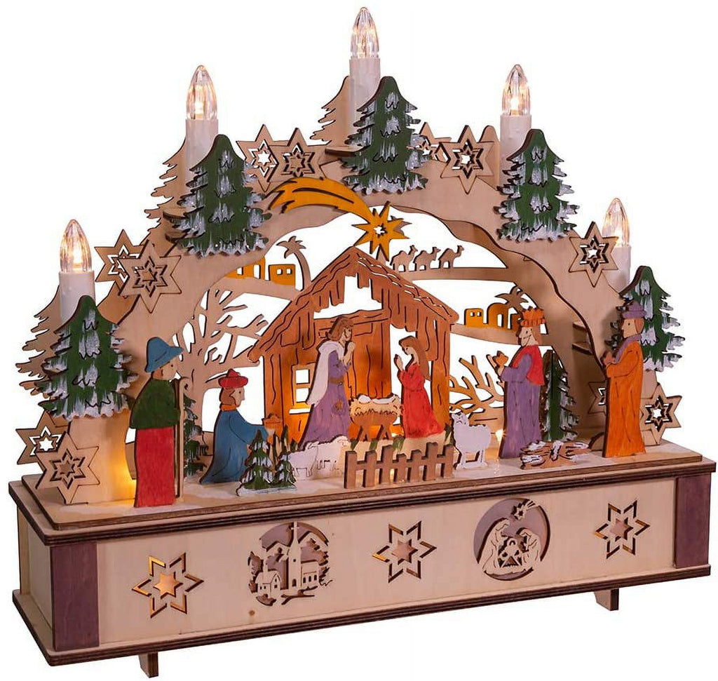 Kurt Adler 11-Inch Battery-Operated Light-Up Wooden Nativity Scene with Candles