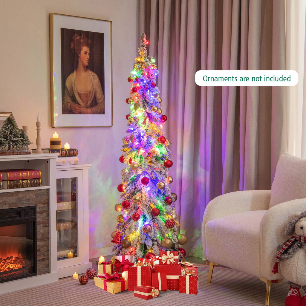 Costway 5 FT Pre-Lit Slim Christmas Tree Flocked Xmas Decoration 11 Modes 150 LED Lights