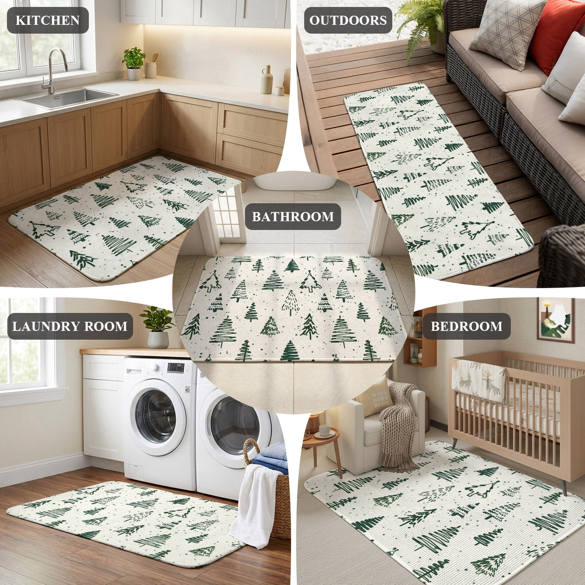 Large Area Rug 63"x78.7",Christmas Tree Absorbent Non Slip Indoor Outdoor Carpet,Xmas Green Cartoon Tree Snowflakes Farmhouse Low Profile Floor Rug Doormat for Living Room Dining Room Bedroom Office