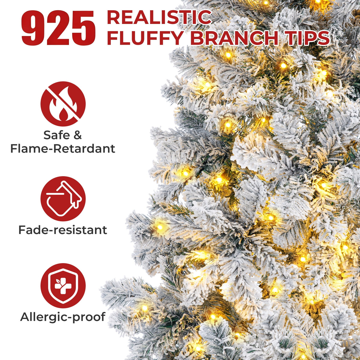 Firstness 6ft Pre-Lit Artificial Christmas Tree with 925 Branches,11 lighting Mode Snow Flocked Xmas Tree with Storage Bag