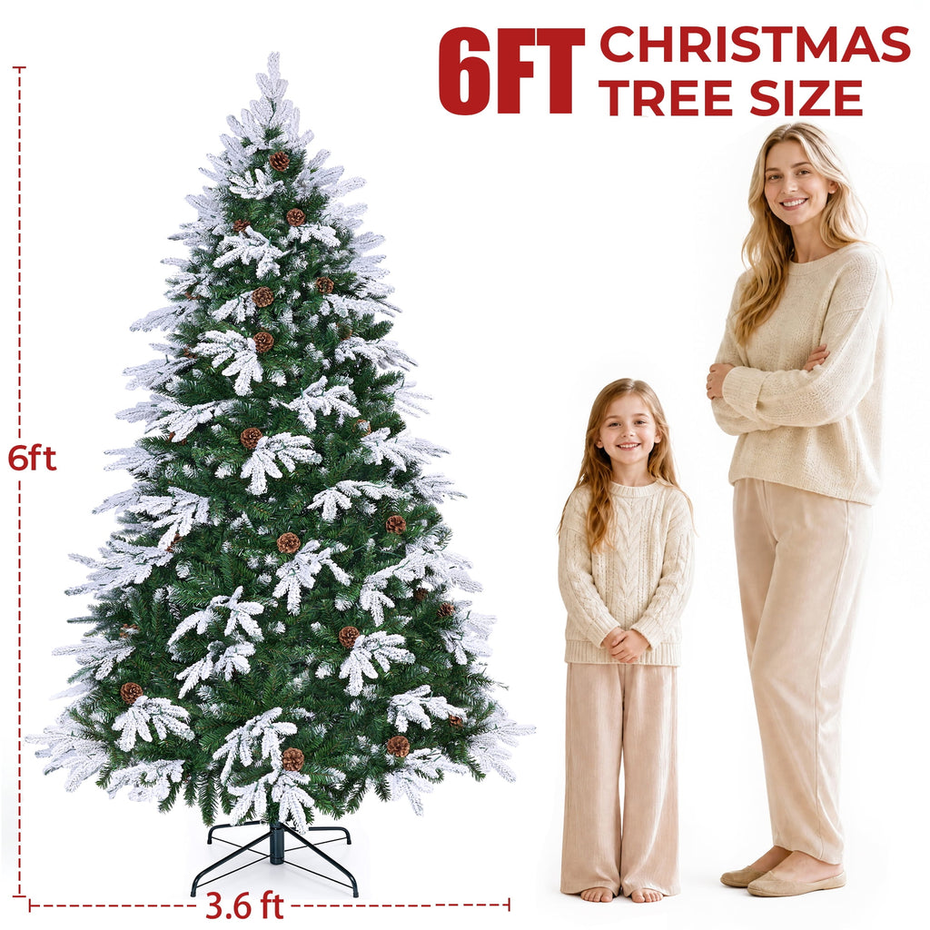 Firstness 6ft Artificial Christmas Tree with 1000 Branches and 250 LED Lights, Pre-Lit Flocked Xmas Tree,11 Lighting Modes,Pine Cones