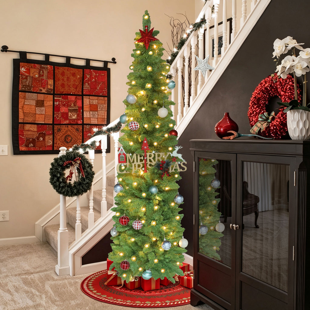 VEIKOUS 6ft Christmas Tree Crooked Neck with Topper, Prelit Xmas Tree with 200 LED Lights & 536 Branch Tips, Bendable Top Christmas Slim Tree for Holiday Decor, Green