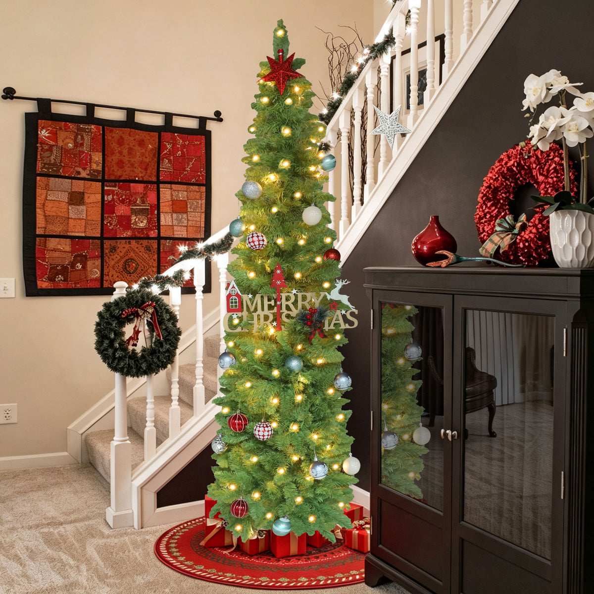 VEIKOUS 6ft Christmas Tree Crooked Neck with Topper, Prelit Xmas Tree with 200 LED Lights & 536 Branch Tips, Bendable Top Christmas Slim Tree for Holiday Decor, Green
