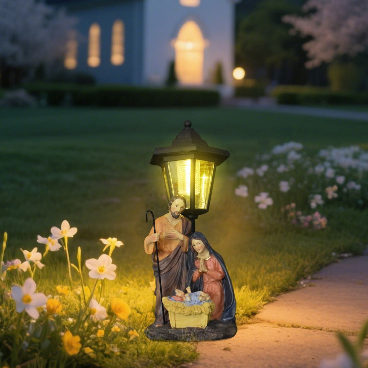 geerera Solar Powered Nativity Set, Holy Family Outdoor Decor, Weather-Resistant Manger Scene for Garden, Yard, Catholic Gift