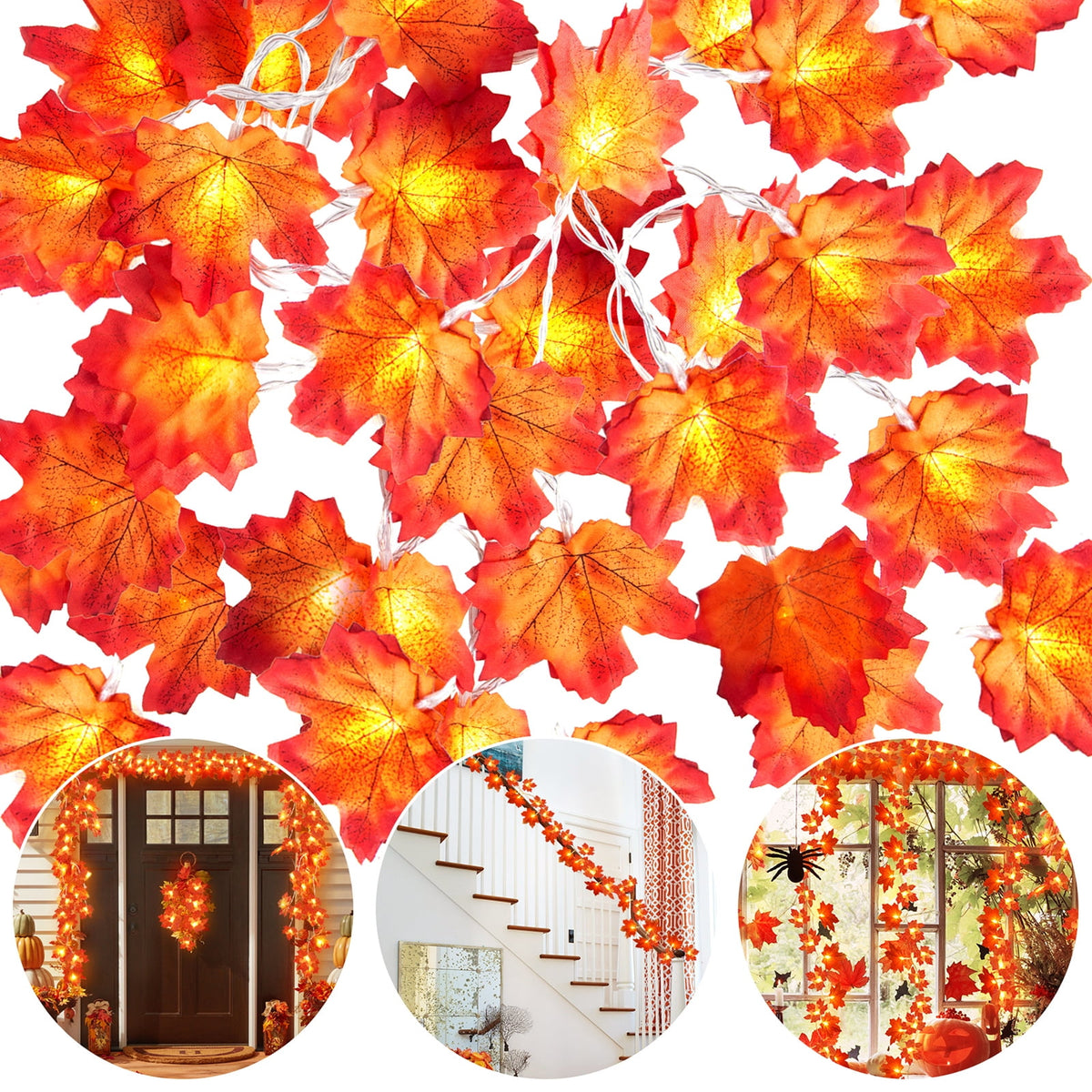 Scidweet 6 Pack Fall Garland with Lights, 60FT 120 LED Fake Autumn Maple Leaves Garland Indoor Outdoor Fall Decorations for Home Patio Party Table Thanksgiving Harvest Halloween Decor, Orange