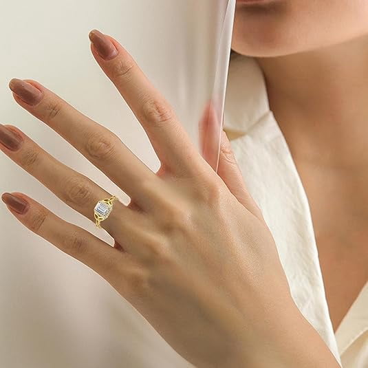 Gems & Jewels 14K Yellow Gold Plated 925 Sterling Silver 2.50 Ct Emerald Cut White Diamond Engagement Wedding Christmas Thanksgiving Halo Ring For Women's -5.5