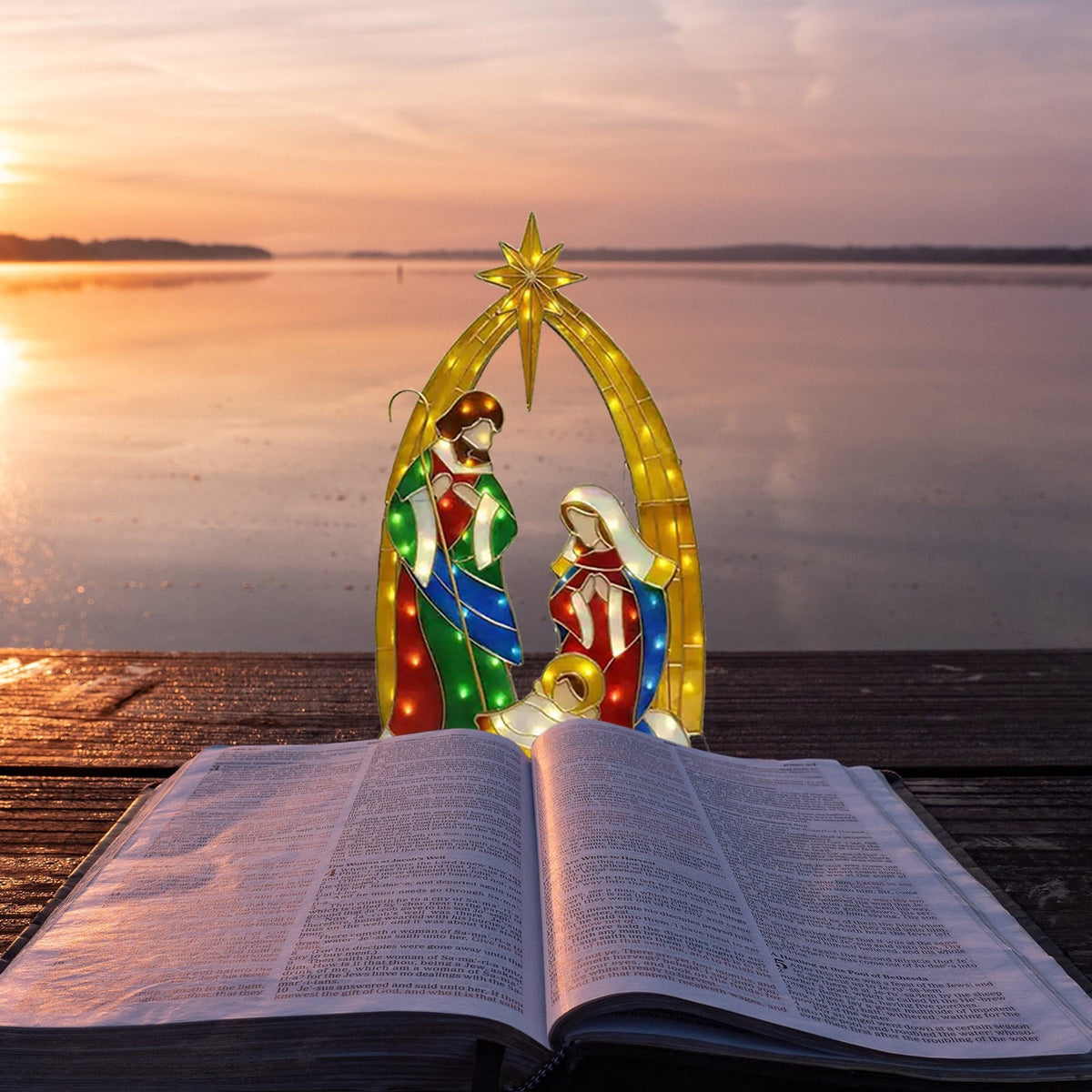 Uutvmp Mini Metal Pre-Lit Patio Decor, Nativity Scene Outdoor Indoor Sparkling Standing Holiday Display