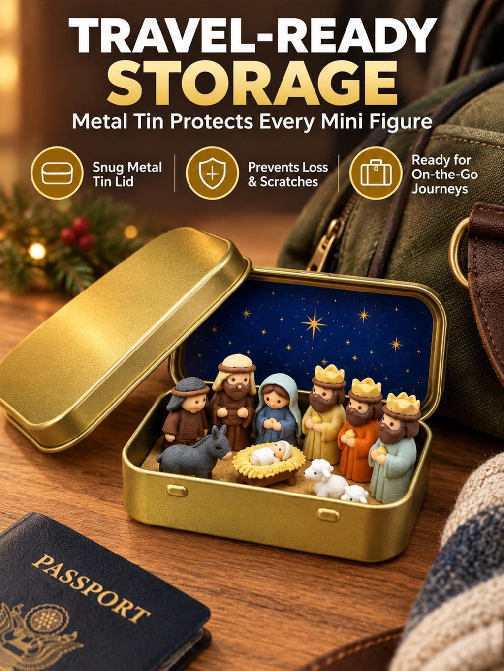 Nativity Set Scene 3D Printed Outdoor Pocket Size Holy Family Figurines Christmas in a Tin Box Decor Gift