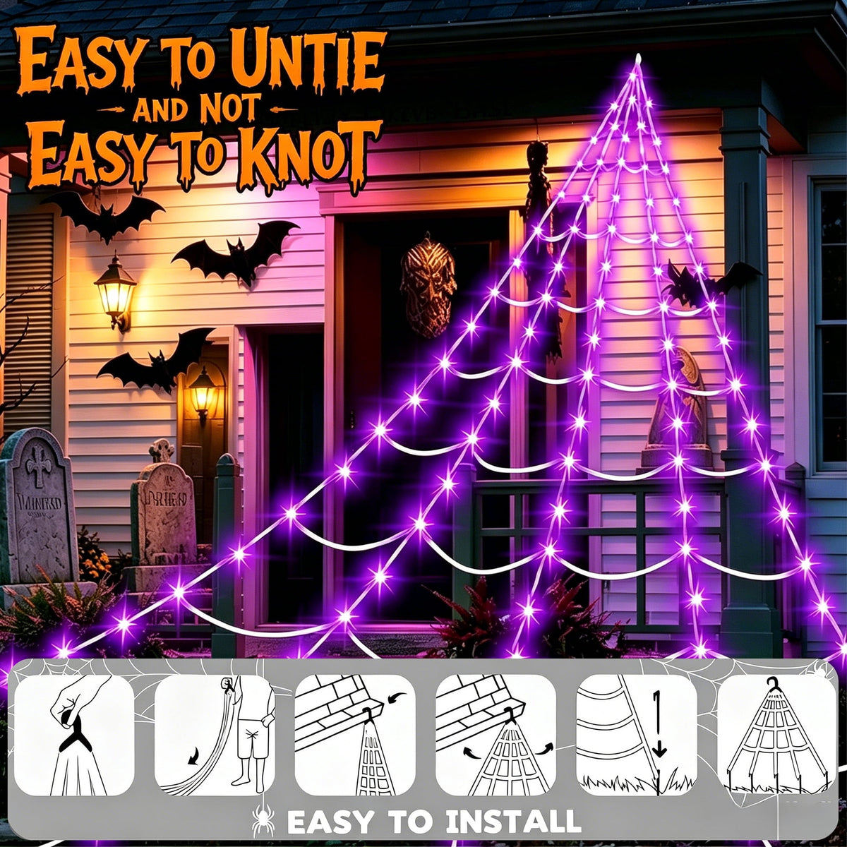 DAYBETTER Halloween Spider Web Lights, 250 LED Holiday Lighting, 15.7x16.4FT Waterproof Web Lights, Remote Control, for Indoor Outdoor Yard Garden Halloween Decor (Purple Light)