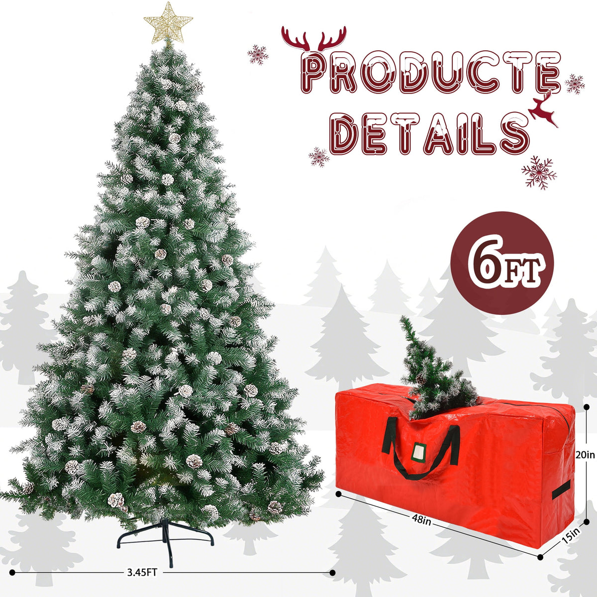 Yexmas 6ft Pre-Lit Christmas Tree with Tree Topper, 8 Modes LED Lights, Artificial Xmas Tree with Large Storage Bag