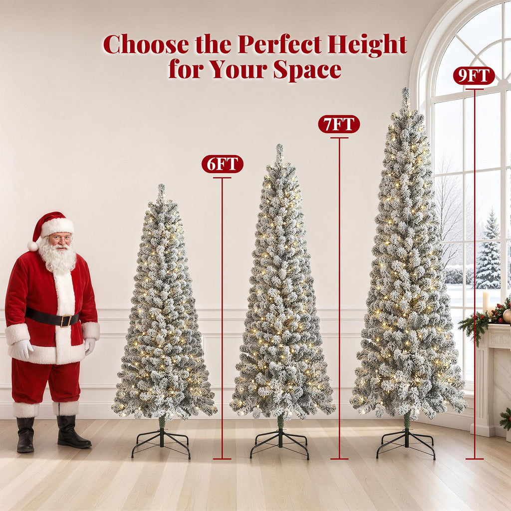 Goosiay 6ft Snow Flocked Pencil Christmas Tree, Pre-Lit Artificial Christmas Tree with 500 Tips, 250 Warm White & Multicolor Lights, 10 Modes, Slim Xmas Tree with Stand