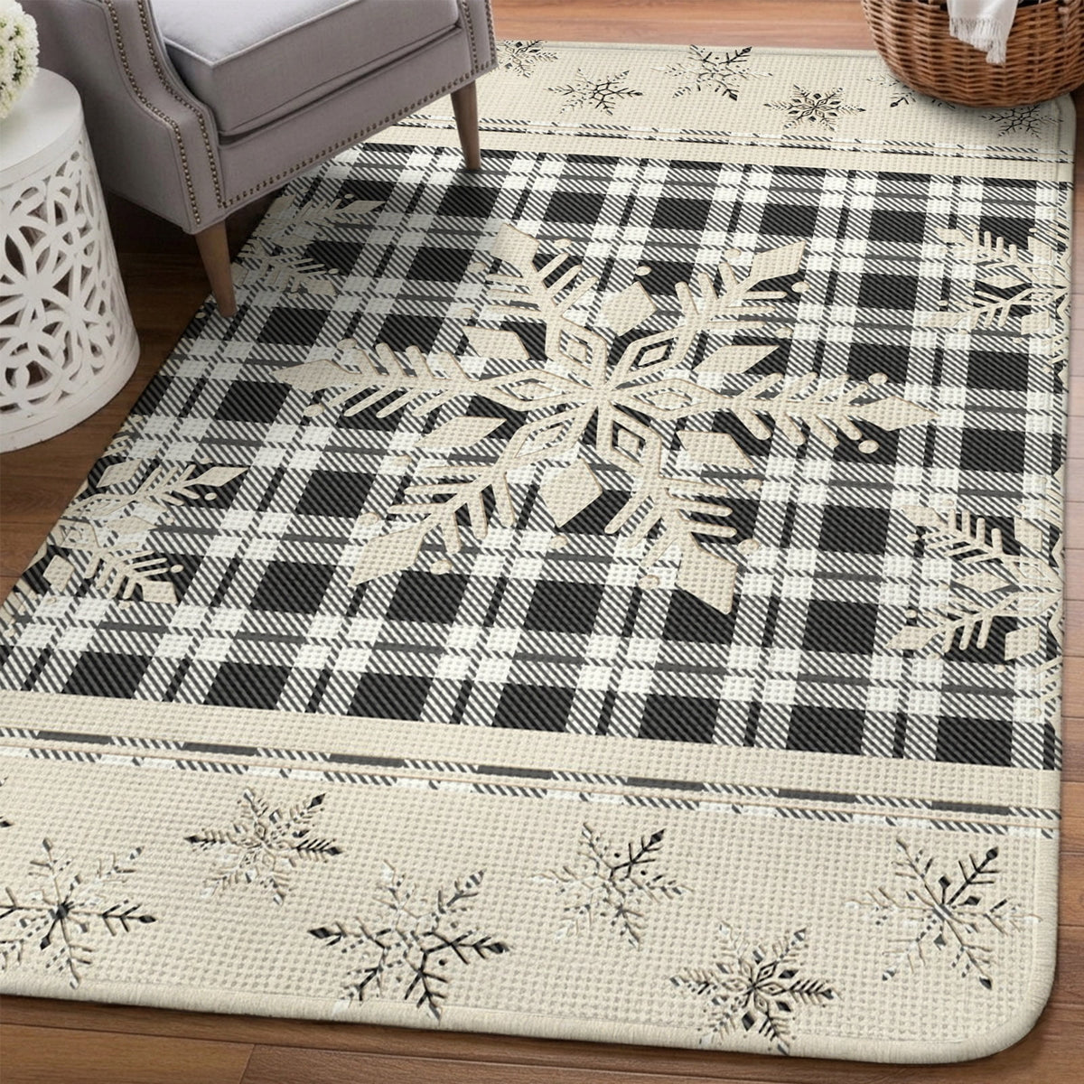 Christmas Snowflake Washable Area Rugs for Living Room Bedroom, Large Non Slip Indoor Floor Carpet Absorbent Low Pile Black Plaid Xmas Winter Rustic Door Mat Rugs for Bathroom Entryway 63"x78.7"