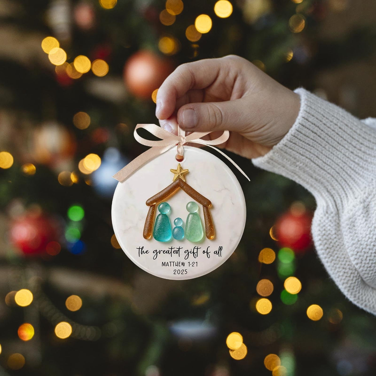 Lunxisen 1 Pcs Sea Glass Nativity: Jesus’ Birth Christmas Ornament,Coastal Inspired Sea Glass Nativity Ornament,Handmade Nativity Scene, with Shells and Starfish