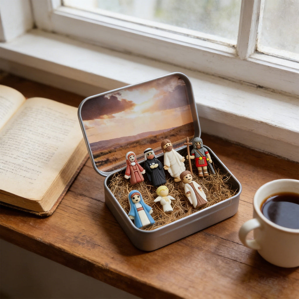 Mini Christmas Nativity Set in Tin Box | Christmas Decor Gift for Family | Portable Pocket Nativity Scene, Christmas Indoor Table Decoration