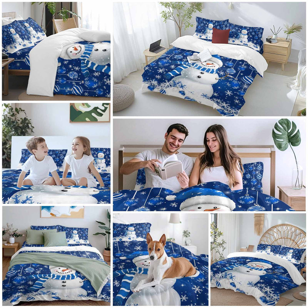 Christmas Blue Snowman 4 Piece Duvet Cover Set Full Size Xmas Balls Snowflake Soft Bedding Set Comforter Cover, 1 Duvet Cover 1 Flat Sheets and 2 Pillowcases