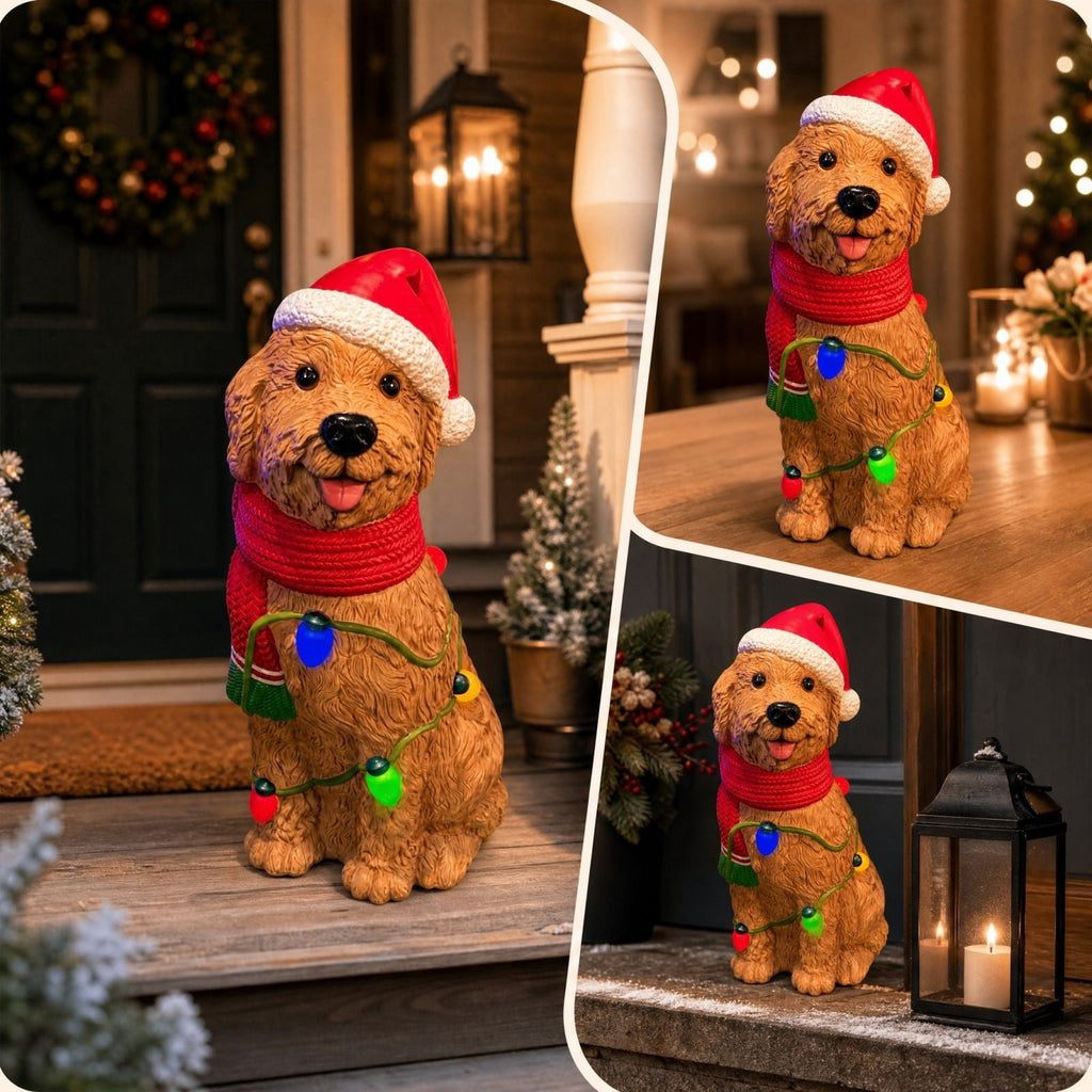 Luckky Lighted Christmas Dog Resin Statue, Santa Hat and Scarf Dog Figurine, 7.87 Inch, Multi-Color LED Lights, Indoor Outdoor Holiday Decor