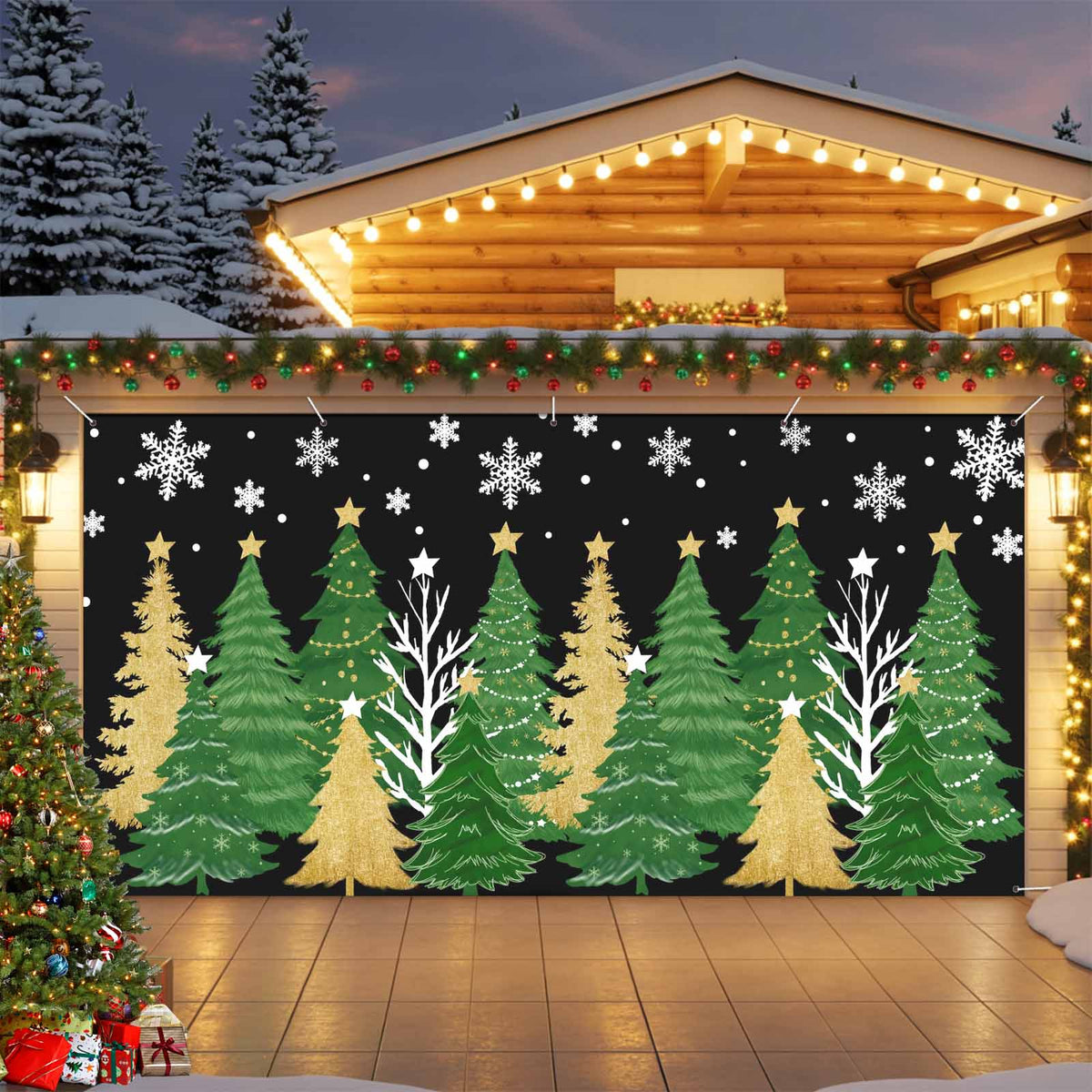 Fsddascl 7 x 16 Ft Christmas Garage Door Cover, Black Christmas Tree Large Garage Door Banner, Xmas Snowflake Green Golden Hanging Garage Mural Background for Indoor Outdoor Xmas Party Supplies