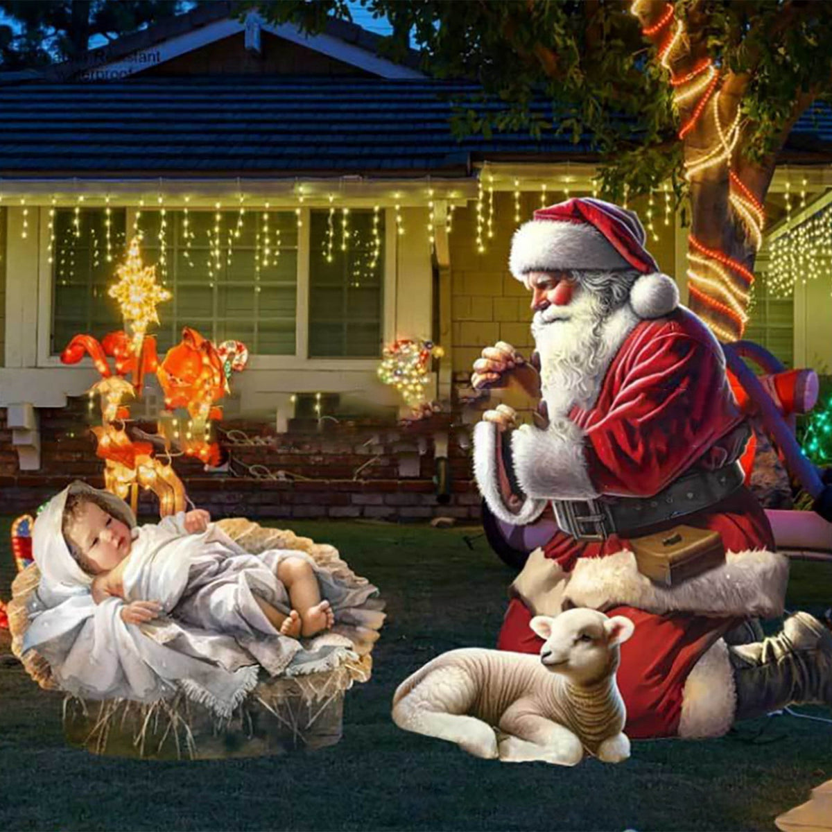 2PC Outdoor Nativity Scene-Christmas Yard Decoration,Acrylic Holiday Sign|Santa Claus Courtyard Ornament for Lawn Garden,Jesus Nativity Display for Outside Festive Home Decoration(Light-up model),B