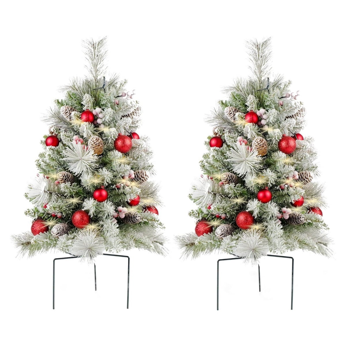 2 Pack 30 inch Prelit Outdoor Pathway Christmas Tree, Artificial Small Xmas Tree with Dual Color Berries & Balls, 30 Battery Operated Warm Lights for Holiday New Year Winter Patio Driveway Yard Lawn