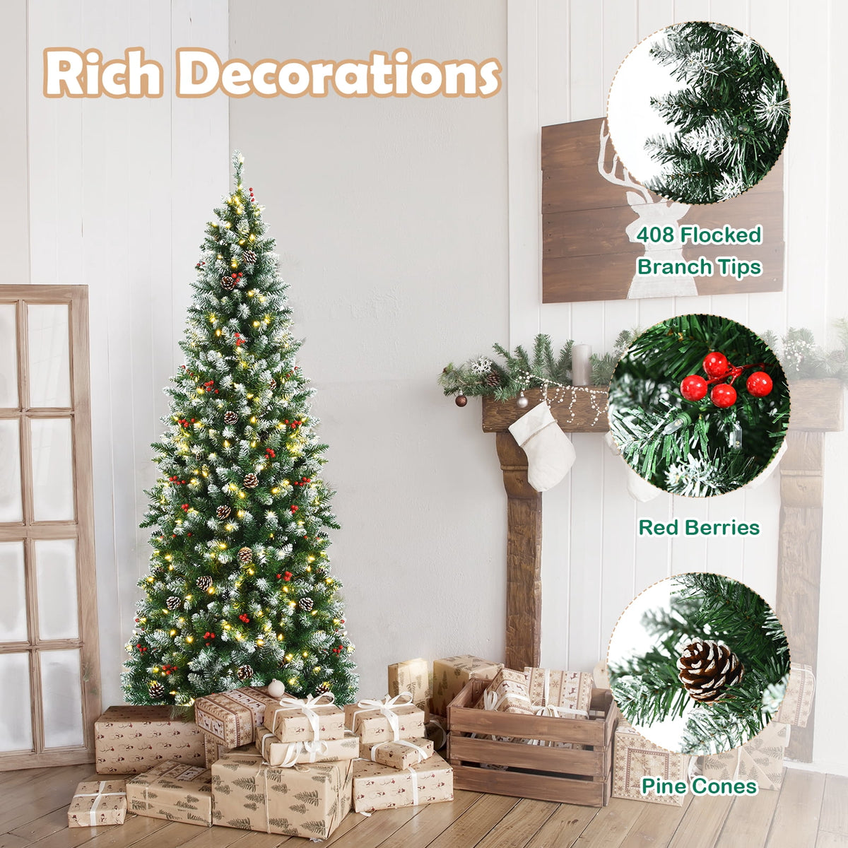 Topbuy 7ft Pre-lit Artificial Christmas Tree Slim Artificial Xmas Tree w/ 350 Replaceable LED Lights & 818 Branch Tips