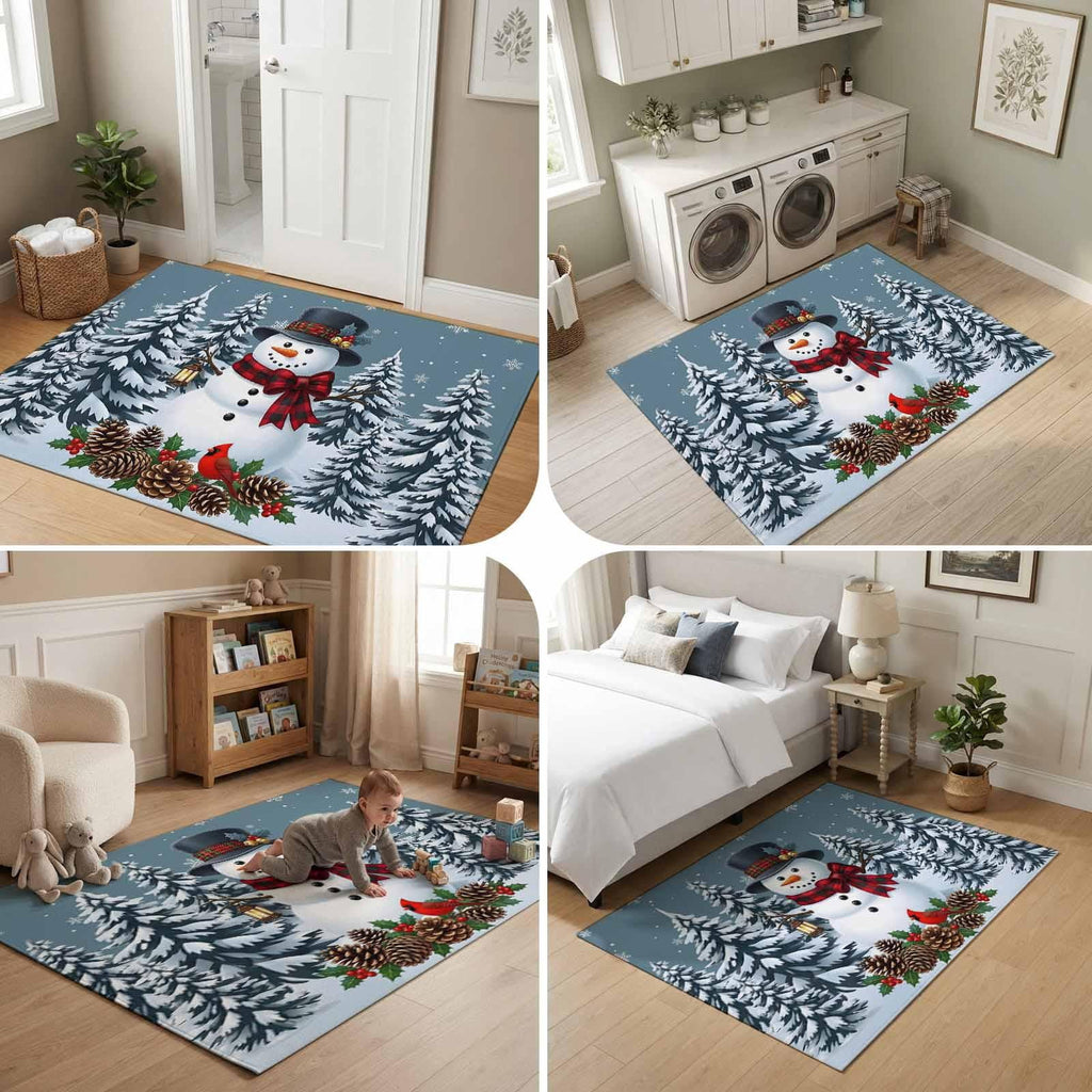 5x7 Area Rugs, Light Blue Snowman Christmas Non-Skid Rubber Backing Large Rectangle Rugs - Living Room Bedroom Home Office, Xmas Pinecone Tree Snowflake Indoor Floor Mat Carpets Washable Rug