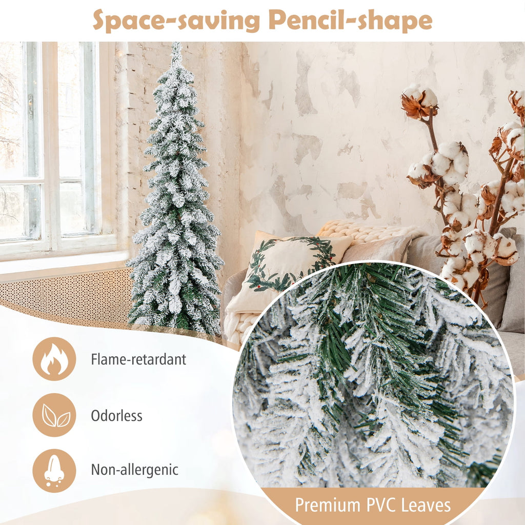 Topbuy 4FT Pre-lit Artificial Christmas Tree Snow-flocked Xmas Pencil Tree with 225 Branch Tips 100 LED Lights 2 Lighting Colors
