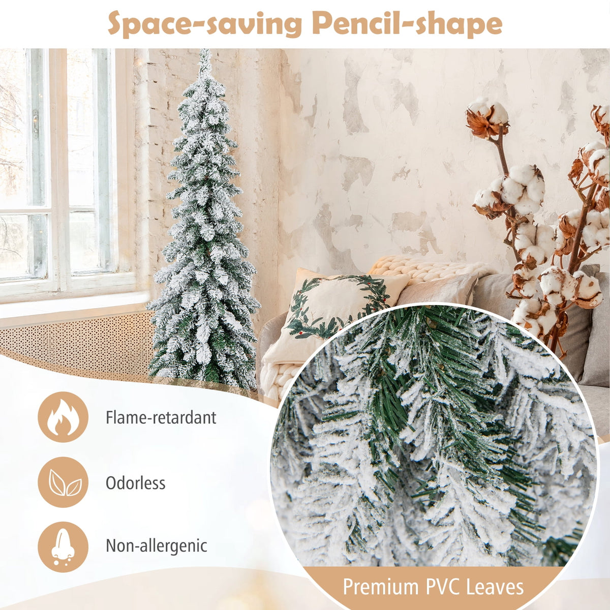 Topbuy 4FT Pre-lit Artificial Christmas Tree Snow-flocked Xmas Pencil Tree with 225 Branch Tips 100 LED Lights 2 Lighting Colors
