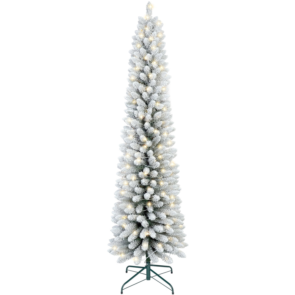 Makeatree 6 ft Pre-Lit Pencil Christmas Tree, Green Slim Skinny Spruce Xmas tree Holiday Decoration with 150 LED Lights, Metal Hinges & Foldable Base