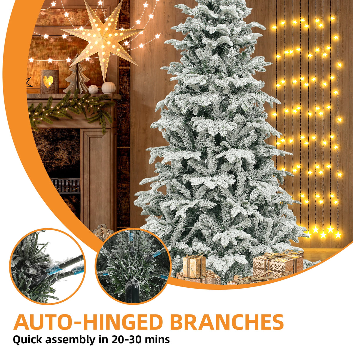 Uforic 7.5FT Pre-Lit Flocked Artificial Christmas Tree with 1010 Branch Tips, 450 Lights for Home, Office & Party Decor