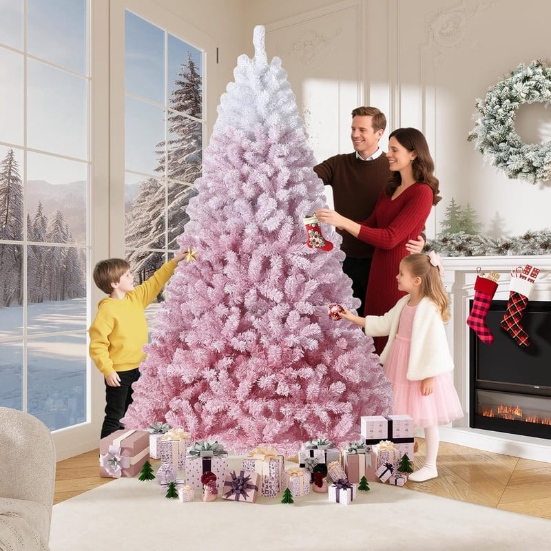 JoanKaren 7.5' Pre-Lit Green Artificial Christmas Tree,Metal Stand Full Xmas Tree with 600 Multicolor Lights