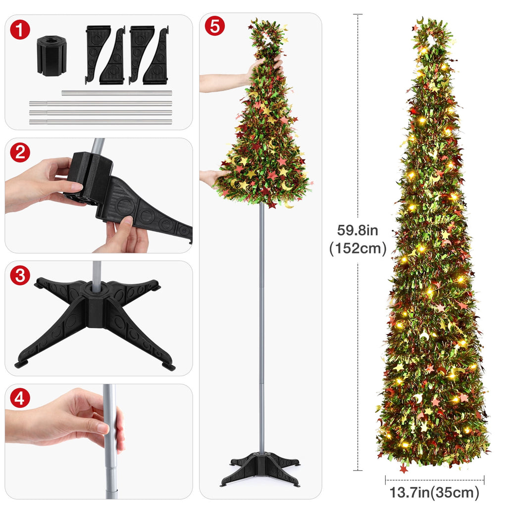 Ayieyill 5ft Pop up Christmas Tree,Color Artificial Pencil Tinsel Xmas Trees for Christmas Indoor Decorations, Collapsible Christmas Tree (Silver)