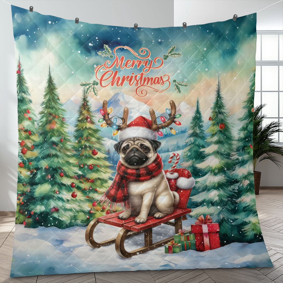 Merry Christmas Santa Reindeer Antlers French Bulldog Sleigh Xmas Winter Holiday Quilt Bedding Set Dog Lover Gifts 1 Blanket Bed Cover 2 Pillowcases - 00023