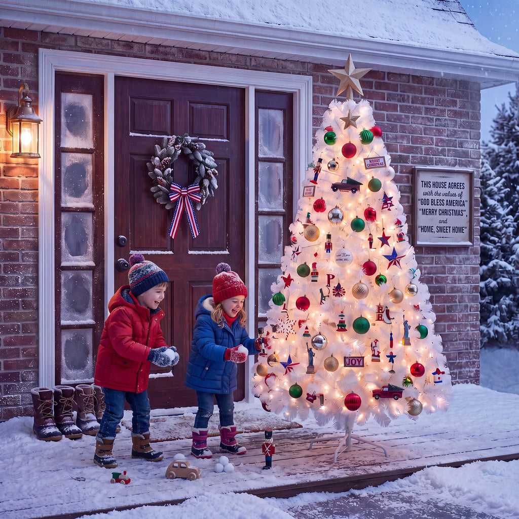 Yexmas Pre-Lit Artificial Christmas Tree,6ft White Christmas Tree with 300 Warm White & Multicolor Lights,Xmas Tree for Home, Holiday Party Decorations