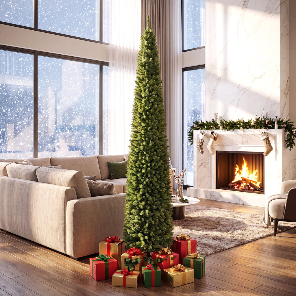 Gymax 9 FT Pre-Lit Artificial Christmas Tree Realistic Slim Pencil Xmas Tree