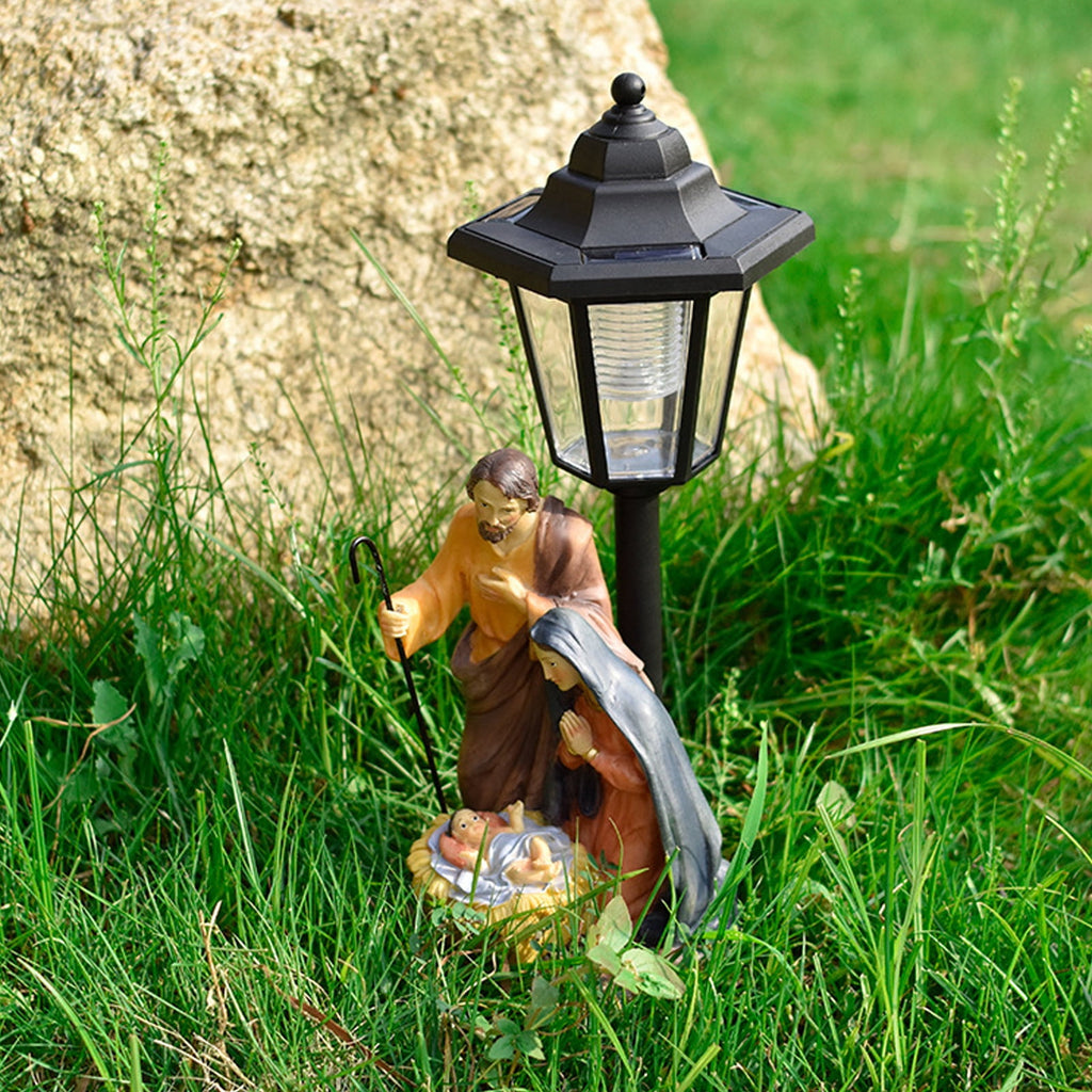 Handcrafted Solar Operated Light Nativity Manger Scene Resins Ornament Christian Religious Outdoor Garden Lawns Decors