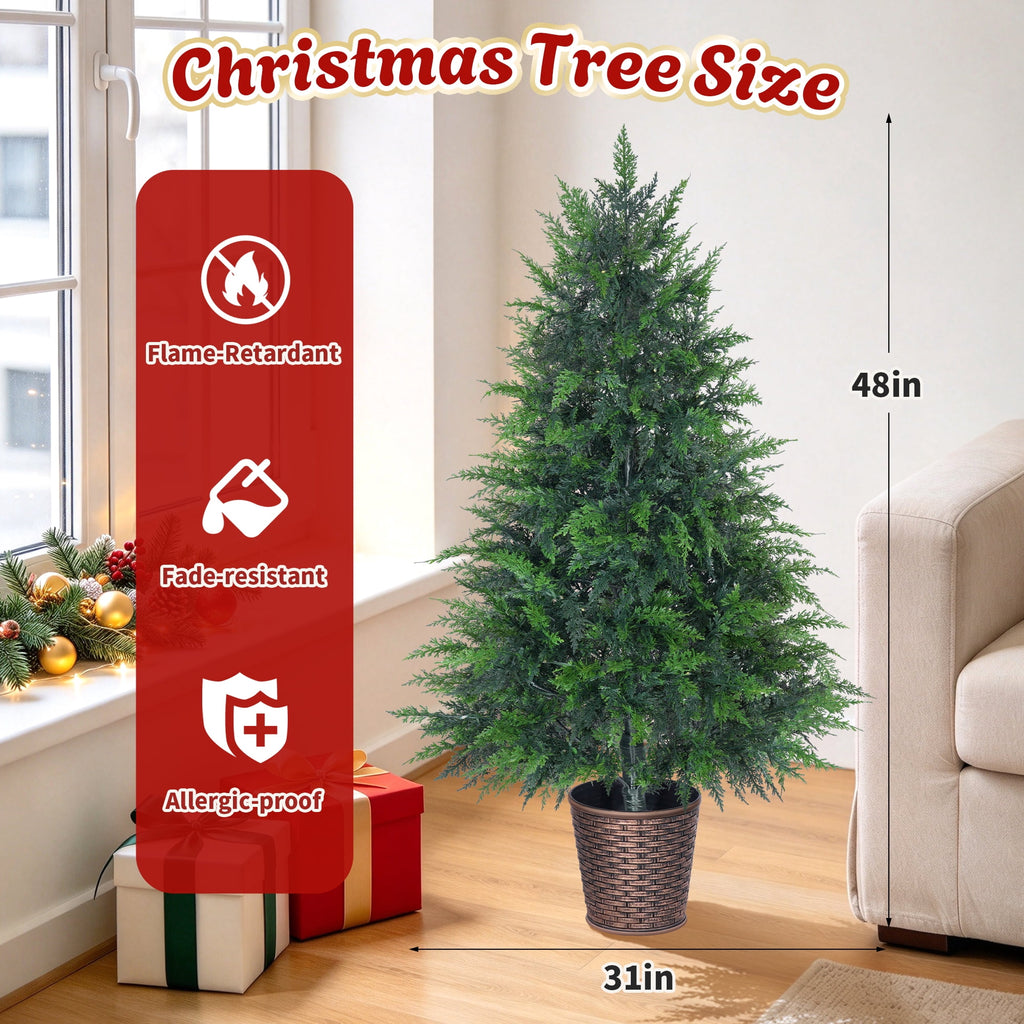 Firstness 4Ft Pre-Lit Potted Christmas Trees with 8 Lighting Modes, PE Cypress Artificial Tree for Porch Entryway Indoor Outdoor Decor