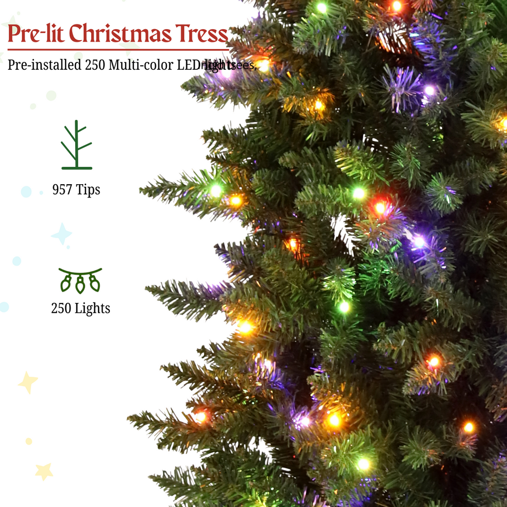 Legooin 6ft Pre-lit Slim Christmas Tree Skinny Hinged Artificial Xmas Tree with 250 Color-Changing Lights+957 Branch Tips