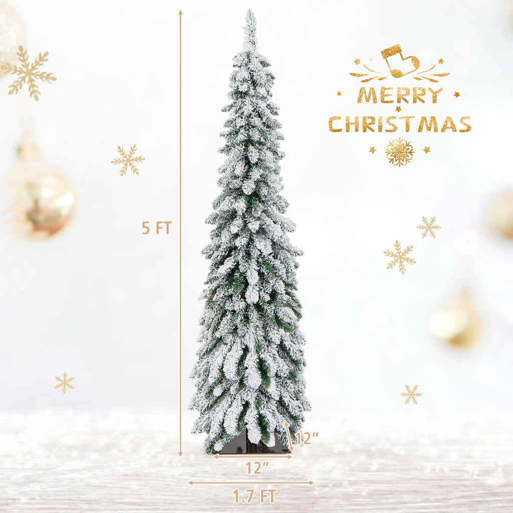 Topbuy 4FT Pre-lit Artificial Christmas Tree Snow-flocked Xmas Pencil Tree with 225 Branch Tips 100 LED Lights 2 Lighting Colors