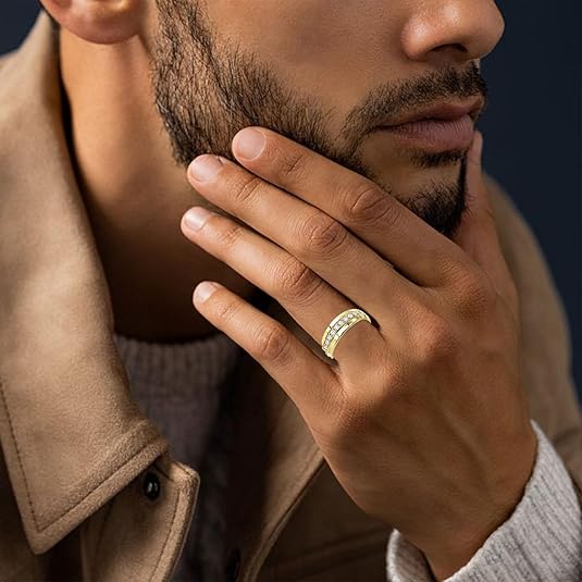 Divine_creation 2.12 Ct Round Cut White Diamond Wedding Engagement Thanksgiving Christmas Pinky Band Ring 14K Yellow Gold Plated 925 Sterling Silver For Men's -4.5