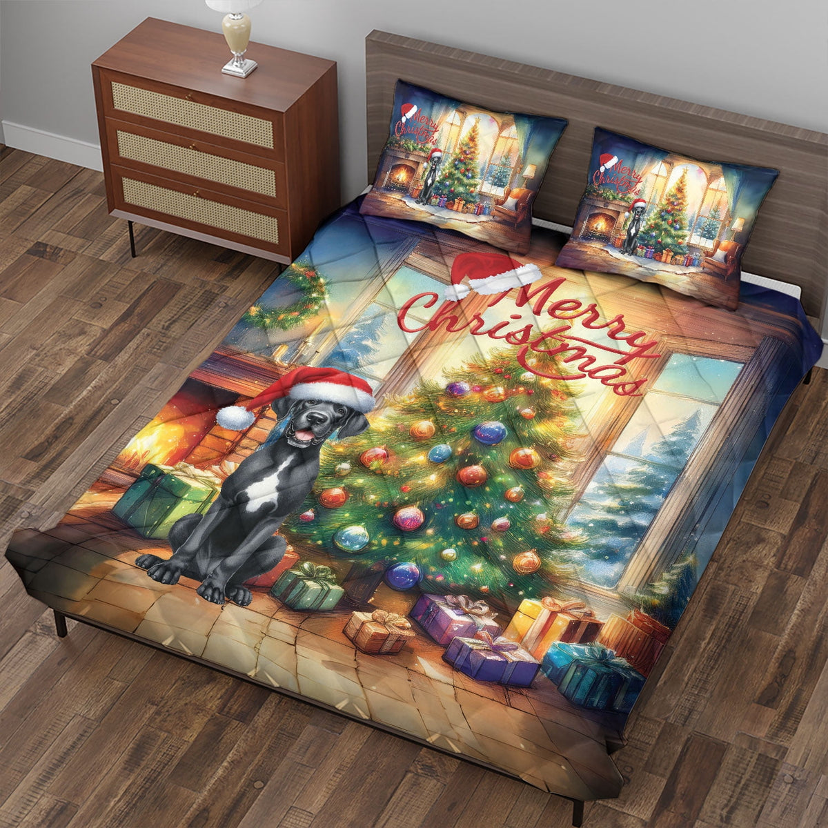 Merry Christmas French Bulldog Santa Hat Xmas Tree Winter Holiday Quilt Bedding Set Dog Lover Gifts 1 Blanket Bed Cover 2 Pillowcases - 01013