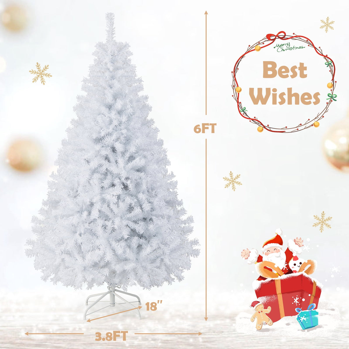 Costway 6 FT Unlit Christmas Tree Hinged with 1000 Branch Tips White