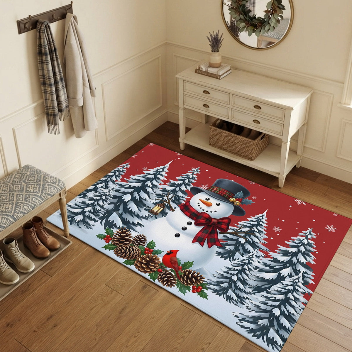 5x7 Area Rugs, Light Blue Snowman Christmas Non-Skid Rubber Backing Large Rectangle Rugs - Living Room Bedroom Home Office, Xmas Pinecone Tree Snowflake Indoor Floor Mat Carpets Washable Rug