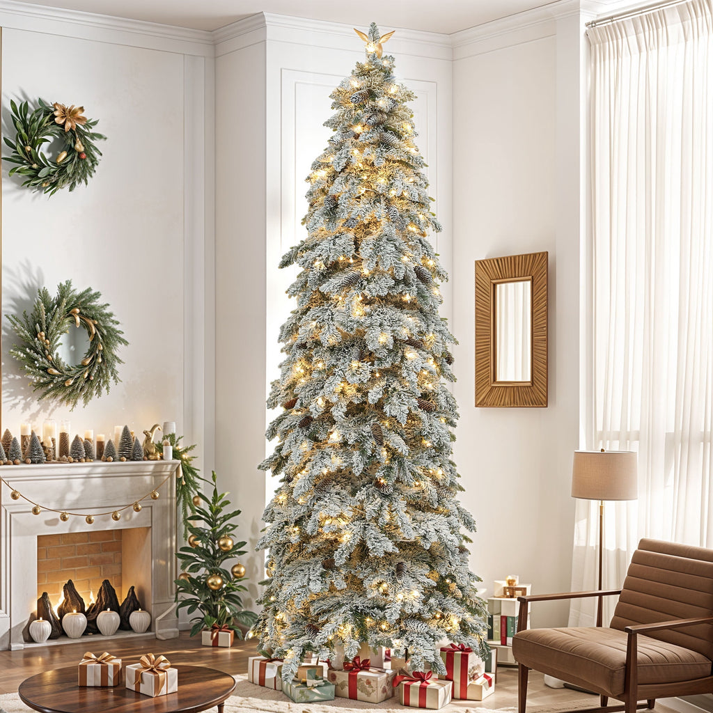 Uforic 9ft Pre-lit Flocked Pencil Spruce Christmas Tree with 1642 Branch Tips & 480 Lights, Remote Control, 11 Light Modes, White Flocked
