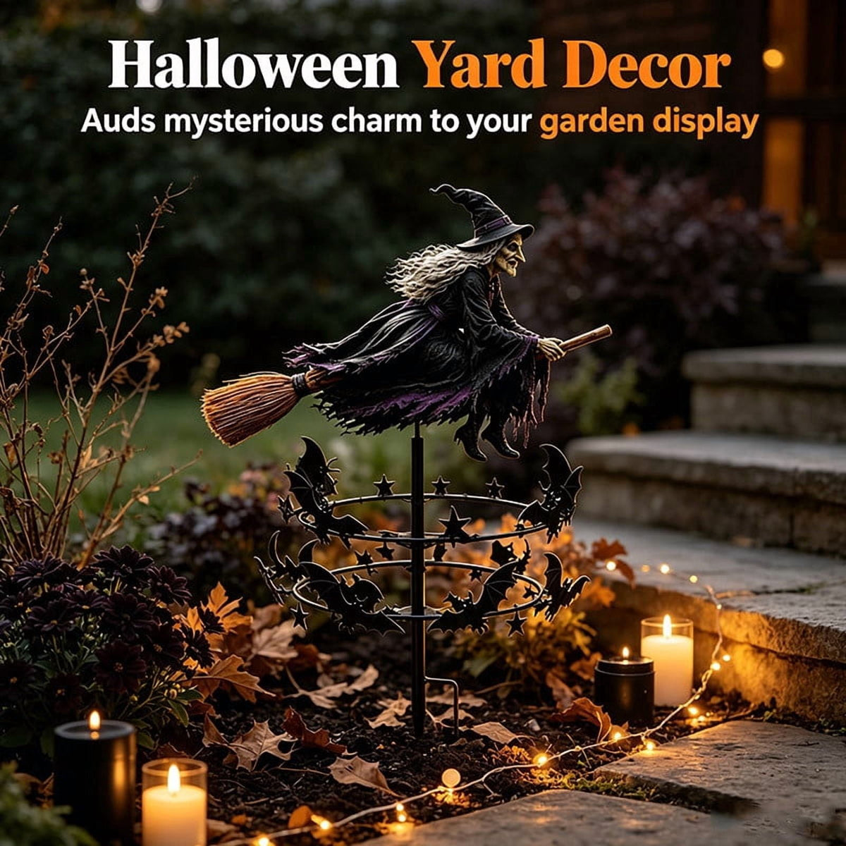 The Enchanted Witch Garden Wind Spinner, Flying Witch on Broom Metal Stake with Bat & Star Ornaments, Weatherproof Yard Outdoor Lawn Patio Pathway Fall Halloween Garden Decor