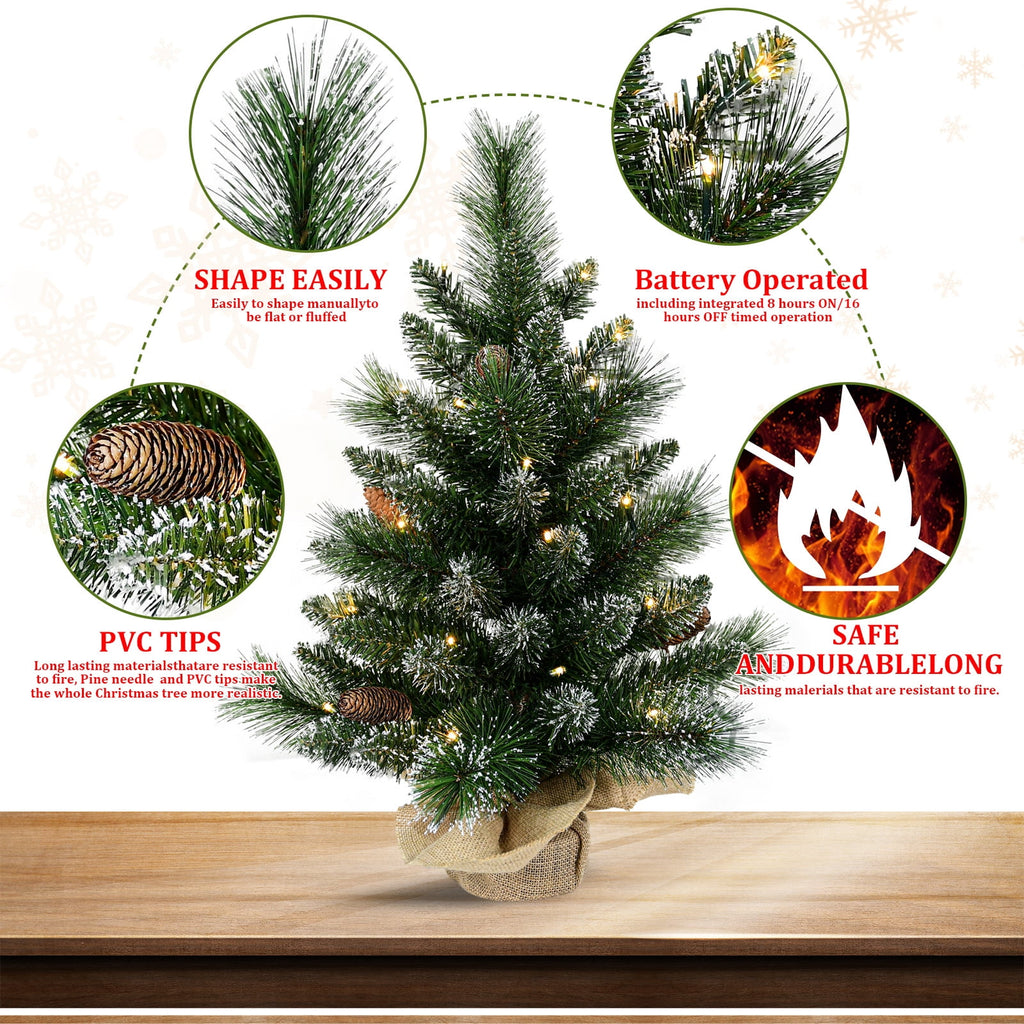 Bringstar 2FT Pre-Lit Artificial Mini Christmas Tree, Snow Tipped Tabletop Xmas Tree with 35 LED Lights, Pine Cones & Burlap Base