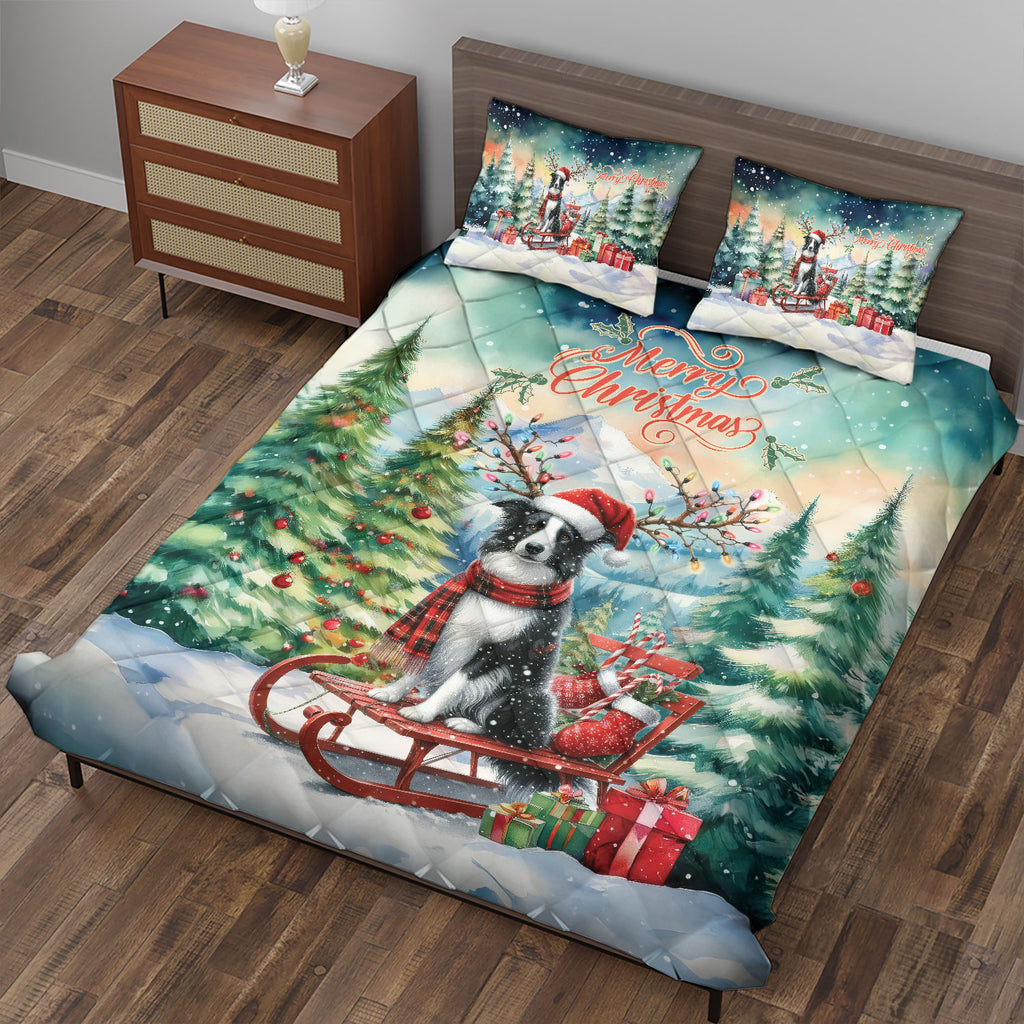 Merry Christmas Santa Reindeer Antlers French Bulldog Sleigh Xmas Winter Holiday Quilt Bedding Set Dog Lover Gifts 1 Blanket Bed Cover 2 Pillowcases - 00023