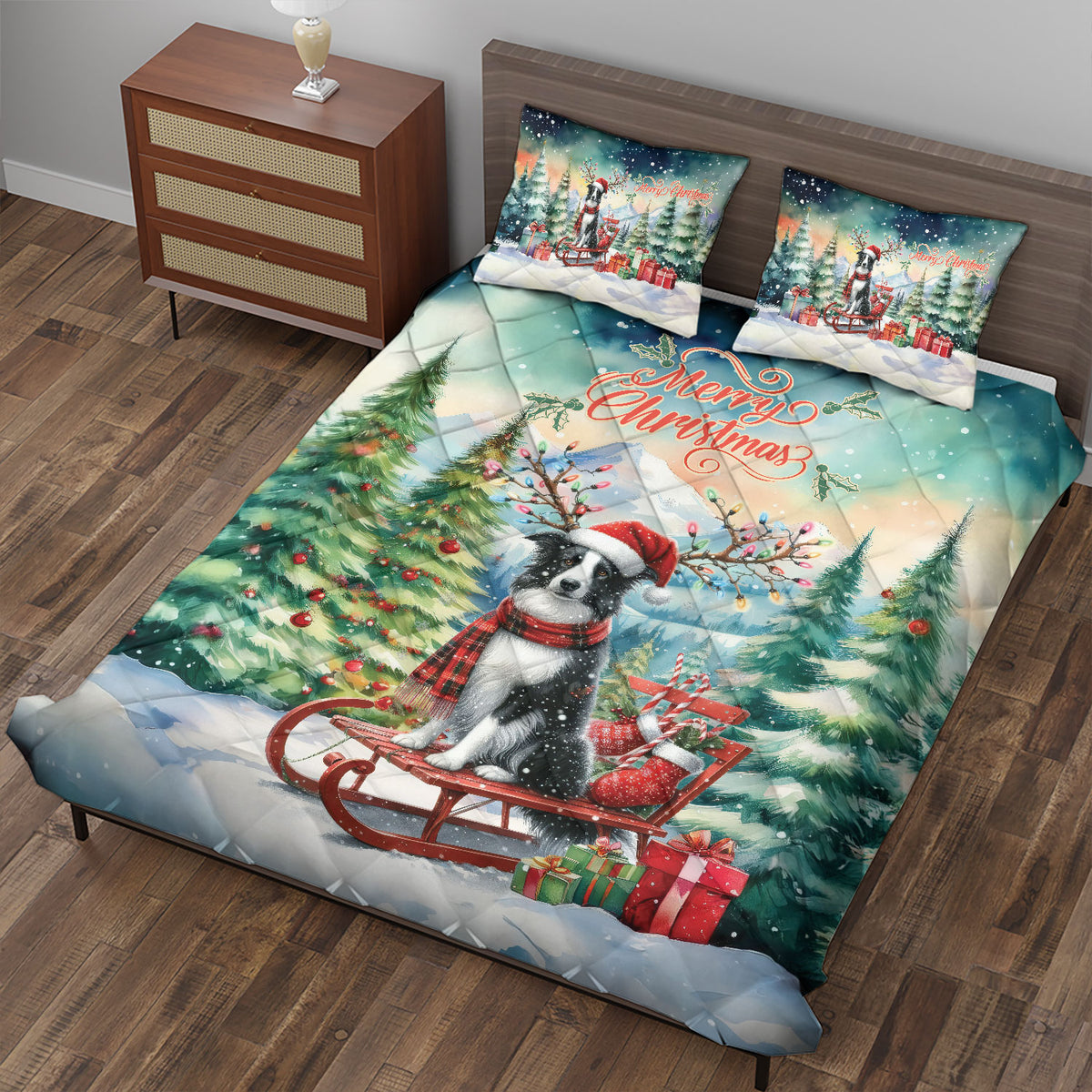 Merry Christmas Santa Reindeer Antlers French Bulldog Sleigh Xmas Winter Holiday Quilt Bedding Set Dog Lover Gifts 1 Blanket Bed Cover 2 Pillowcases - 00023