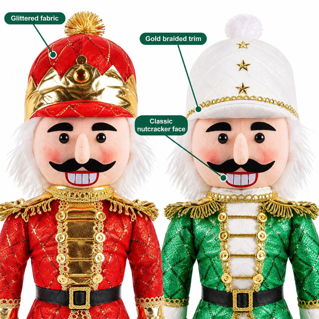 Christmas Nutcracker Figurines with Stretchable Legs, 2 Pack, 21 to 28 Inches, Red and Green Fabric, for Mantel and Home Decor