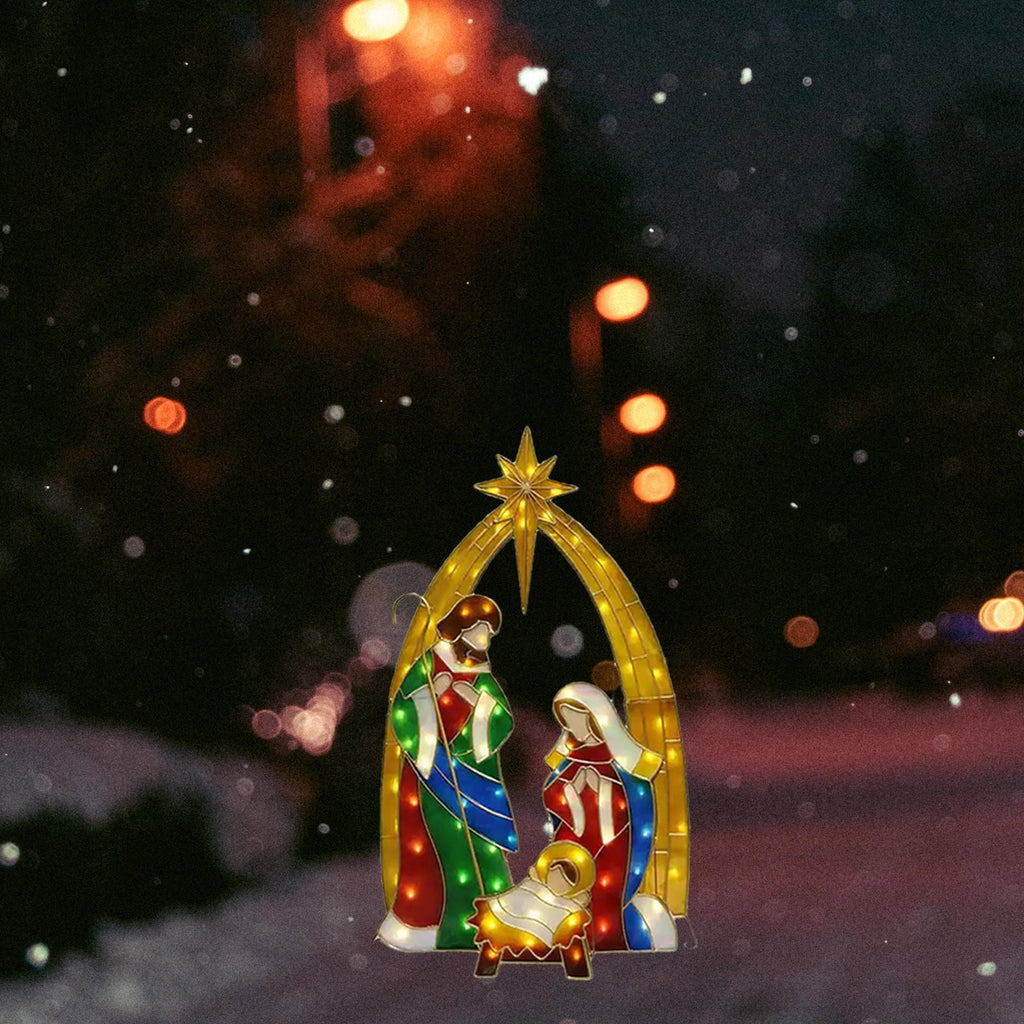 Uutvmp Mini Metal Pre-Lit Patio Decor, Nativity Scene Outdoor Indoor Sparkling Standing Holiday Display