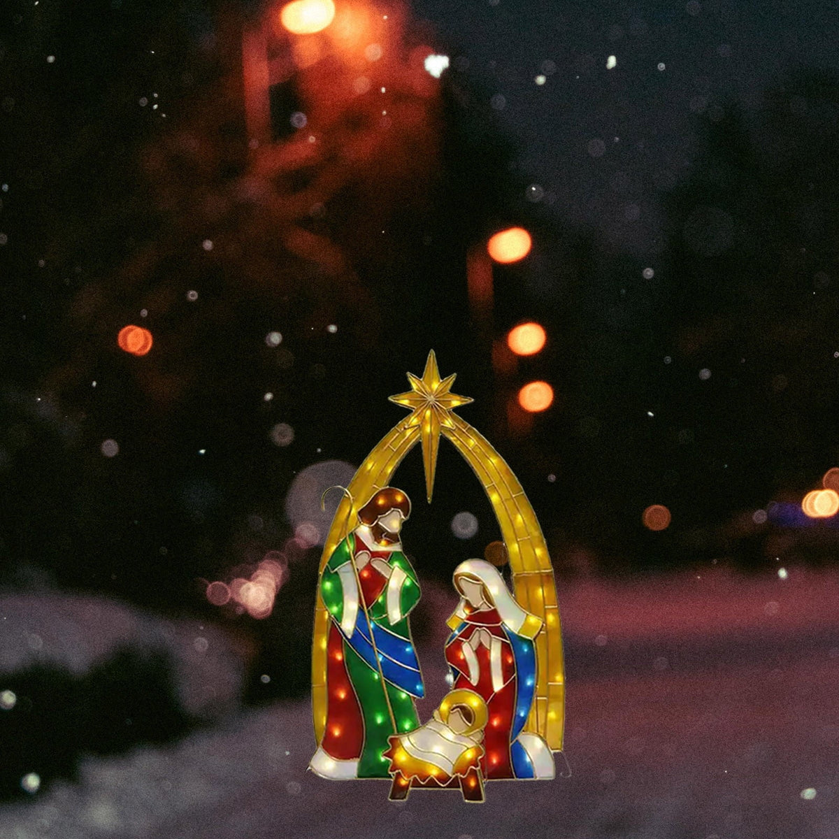 Uutvmp Mini Metal Pre-Lit Patio Decor, Nativity Scene Outdoor Indoor Sparkling Standing Holiday Display